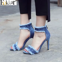 eokkar 2019 summer denim square high heels 10cm women sandals pumps round toe ankle zipper bule shoes women casual size 34 43