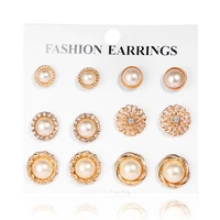 2018 6pairsset newest fashion earring bohemian rhinestone simulated pearl flower ethnic carved metal stud earring set