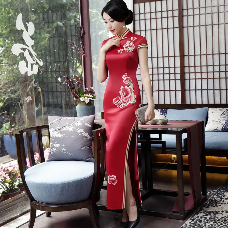 Темно красный новый Mxai Cheongsam винтажный китайский стиль длинное вечернее платье