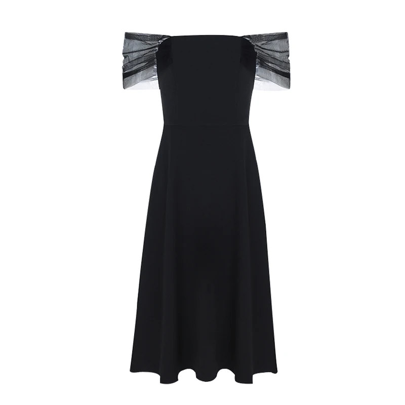 Женское платье с открытыми плечами Max Spri черное Сетчатое вечернее ТРАПЕЦИЕВИДНОЕ