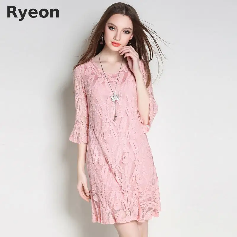 Ryeon L 5xl Плюс Размер Повседневная Кружева Женщин Dress Оборками Выше Колена мини Flare