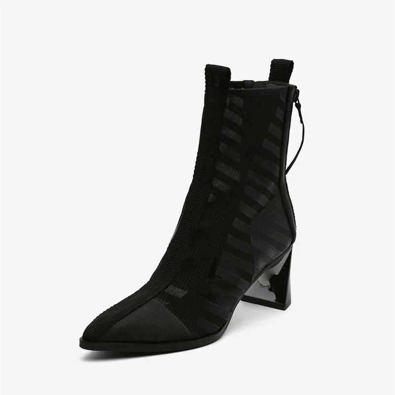 Summer Boots Breathable Mesh Pointed Toe Short Booties Fashion Women Pumps 6 cm High Heels Spring White Black HL143 MUYISEXI