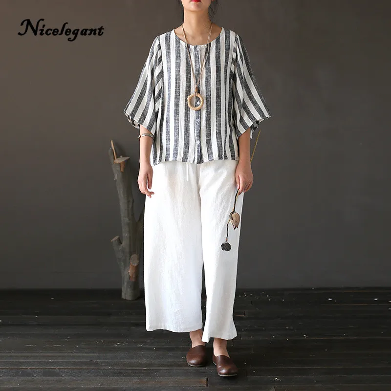 2019 New Women Shirts Vintage Comfortably Thin Half Sleeve O-Neck Cotton Linen Loose Original Casual Tops Female Striped |