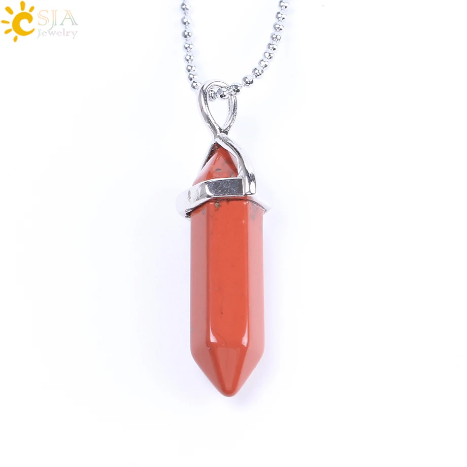 Red Jasper CSJA настоящие необработанные камни Розовый Фиолетовый Кристалл шестиугольная пуля рейки точка чакры натуральный камень кулон ожерелье Женские Ювелирные изделия E056 - Окраска металла: Red Jasper