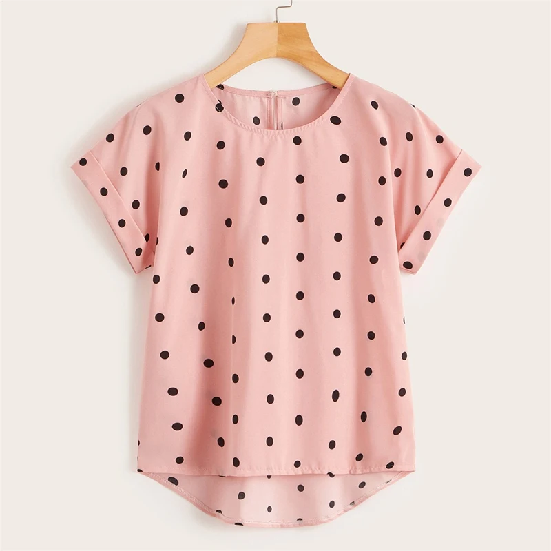 Dotfashion/Женская блузка в горошек с вырезом-лодочкой на спине, летняя повседневная одежда с коротким рукавом, модные женские топы и блузки