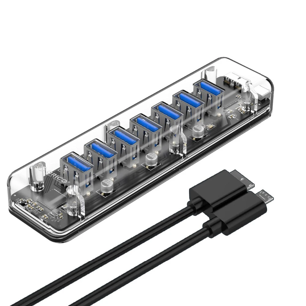 Transparent ORICO 7 портов USB3.0 прозрачный концентратор сплиттер с двойным Micro-USB порт питания 5 Гбит/с 3,0 usb-хаб поддержка Otg для Mac/Windows/Lin - Цвет: Transparent
