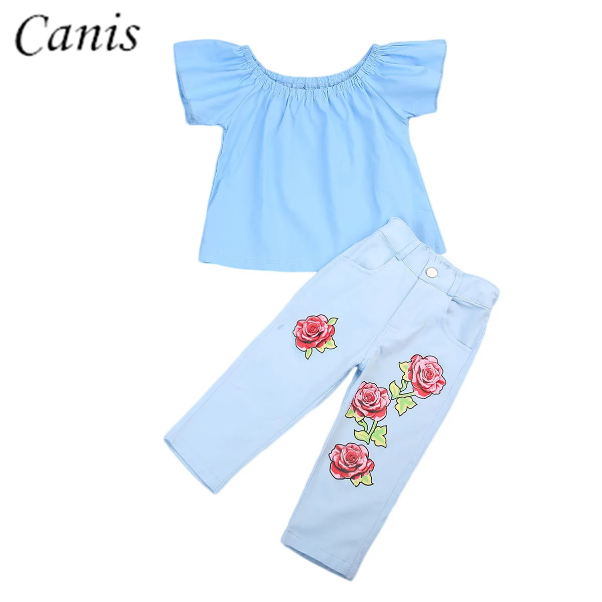 Новая детская одежда для маленьких девочек голубая футболка с открытыми плечами