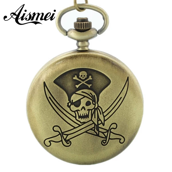 25pcs/lot wholesale Retro Antique Bronze Pirate Skull Quartz Pocket Watch Pendant Necklace Chain Men Boy send by EMS or DHL