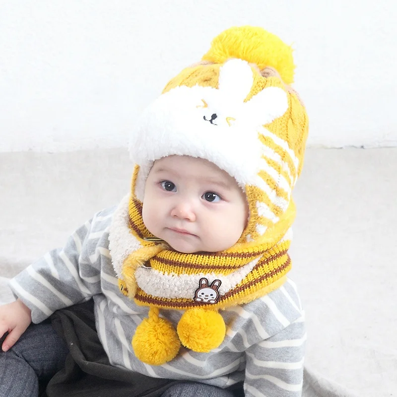 2 шт./компл. милые бархатные шапки для новорожденных вязаная плотная зимняя одежда с заячьими круглая машина Кепки защищает шапка с ушками для малышей Зимние Кепки s+ наборы с шарфом