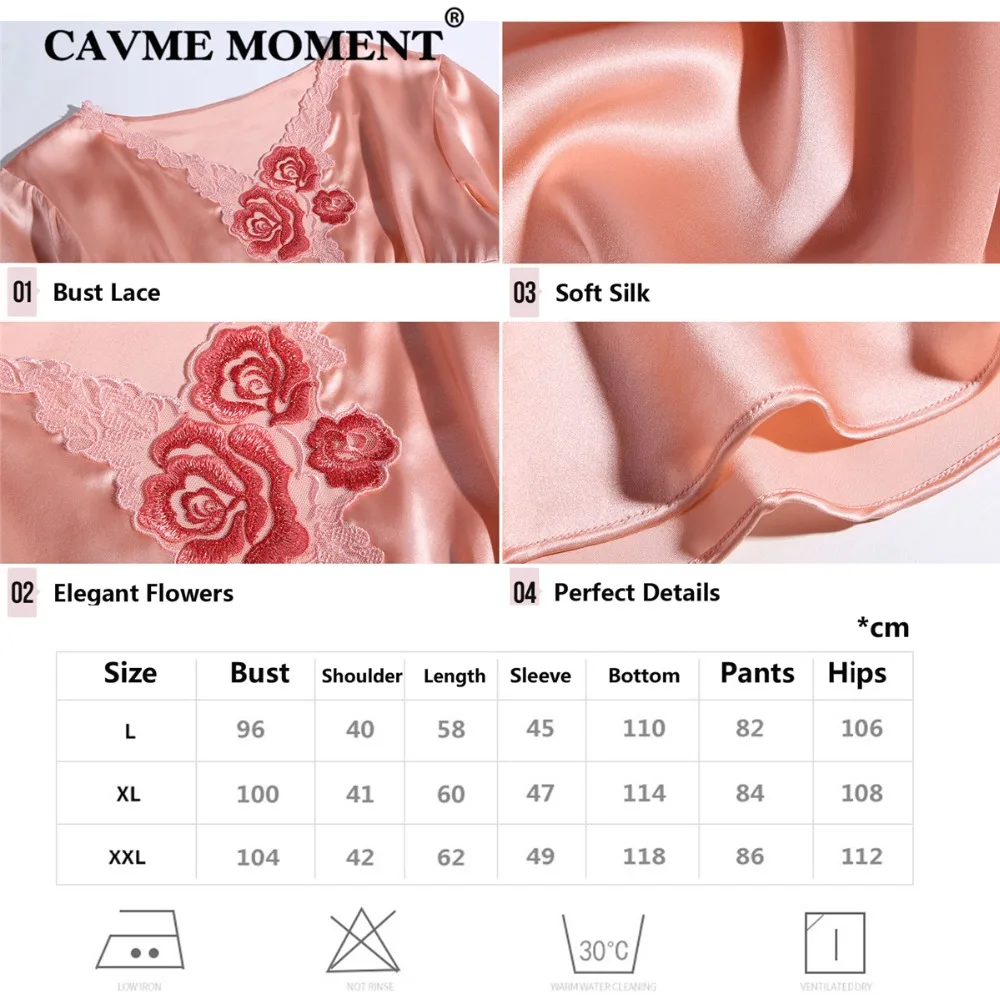 CAVME 2019 Luxury Plus Size Silk Pajama Sets for Women Ladies Payama Set Solid Color V-Neck 2 Pieces Homewear Sleepwear