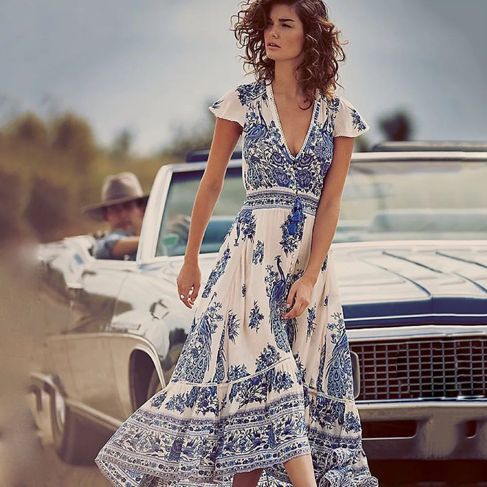 Модное цветочное богемное Макси женское платье с v образным вырезом и коротким