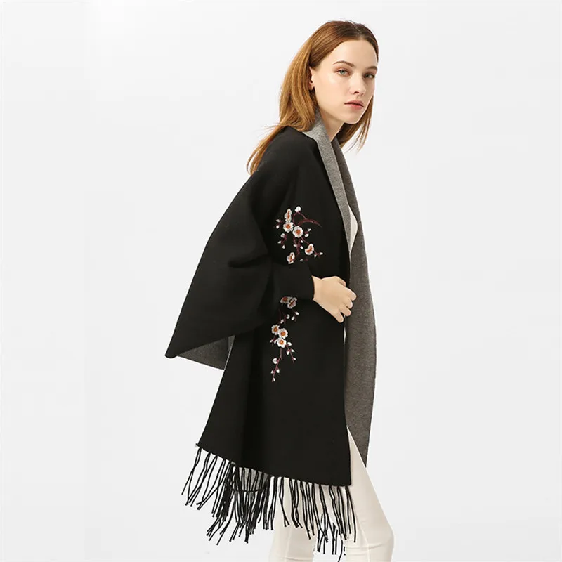 Пончо Femme Hiver шаль обёрточная бумага шарф женское Inverno пальто для женщин кисточкой пашмины кардиган вышивка сливы цветок теплые шарфы для