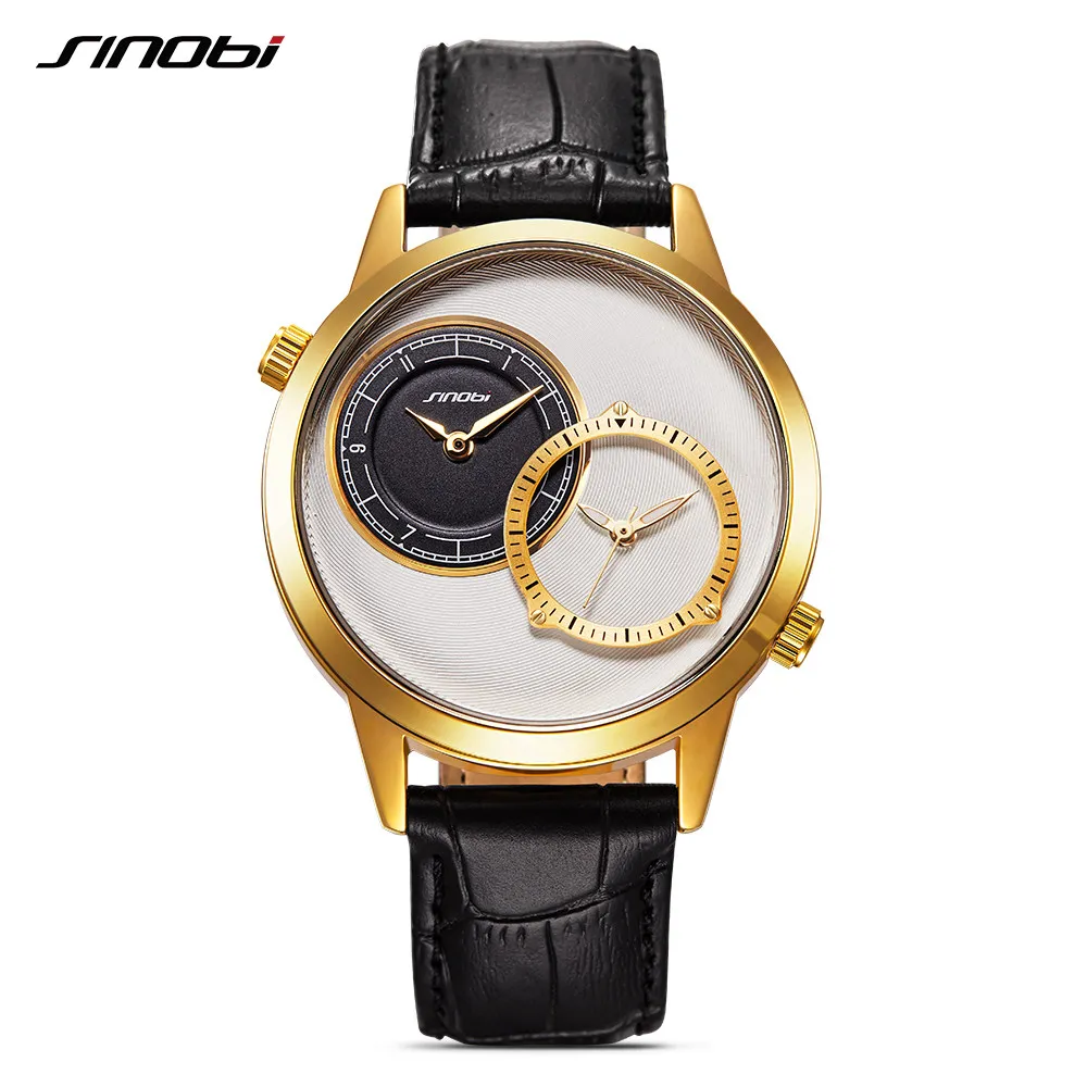 Мужские кварцевые часы SINOBI спортивные с кожаным ремешком и двойным часовым