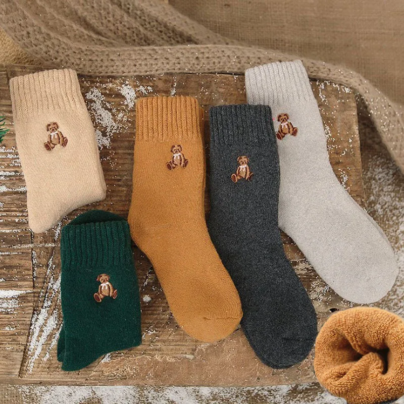 10Pairs/Lot autumn and winter thick wool socks floor women embroidery cute bear female | Женская одежда