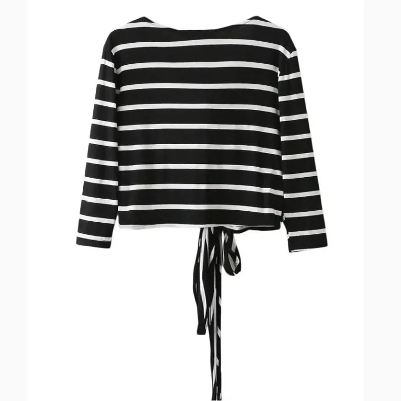 New 2017 Autumn Strip Crop Tops European Style Sexy Deep V Neck Cross T shirt Girl T-shirt Hollow Out Cropped Top For Women | Женская