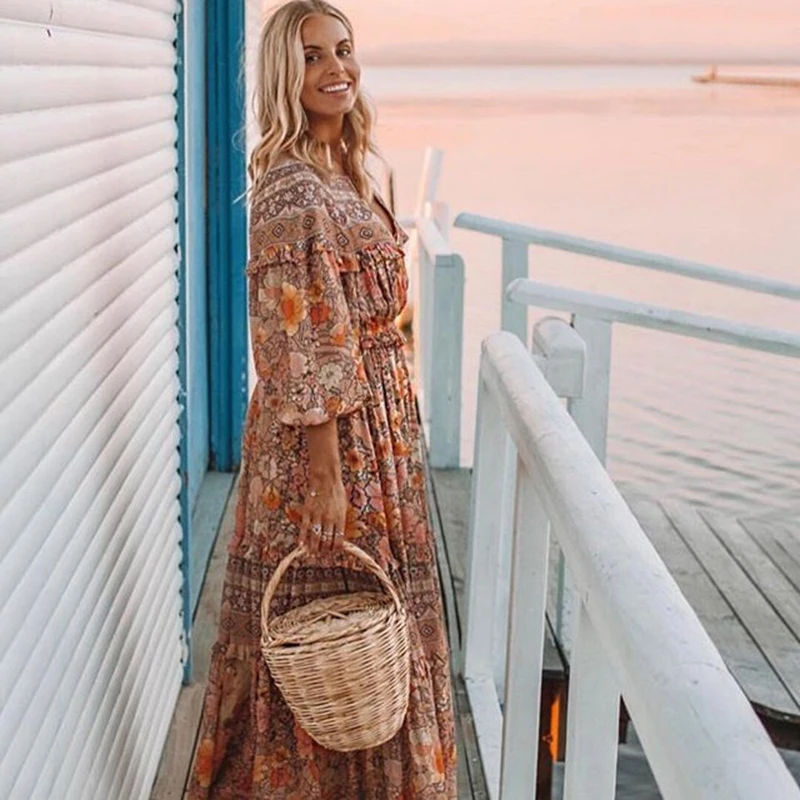 KAHLEE YOSE винтажные Цветочные Boho платья женские летние макси платье с длинным