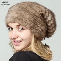 2018 mink fur hat natural real winter knitted mink hats for women warm black furs cap lady beanies russia woman caps qiusidun