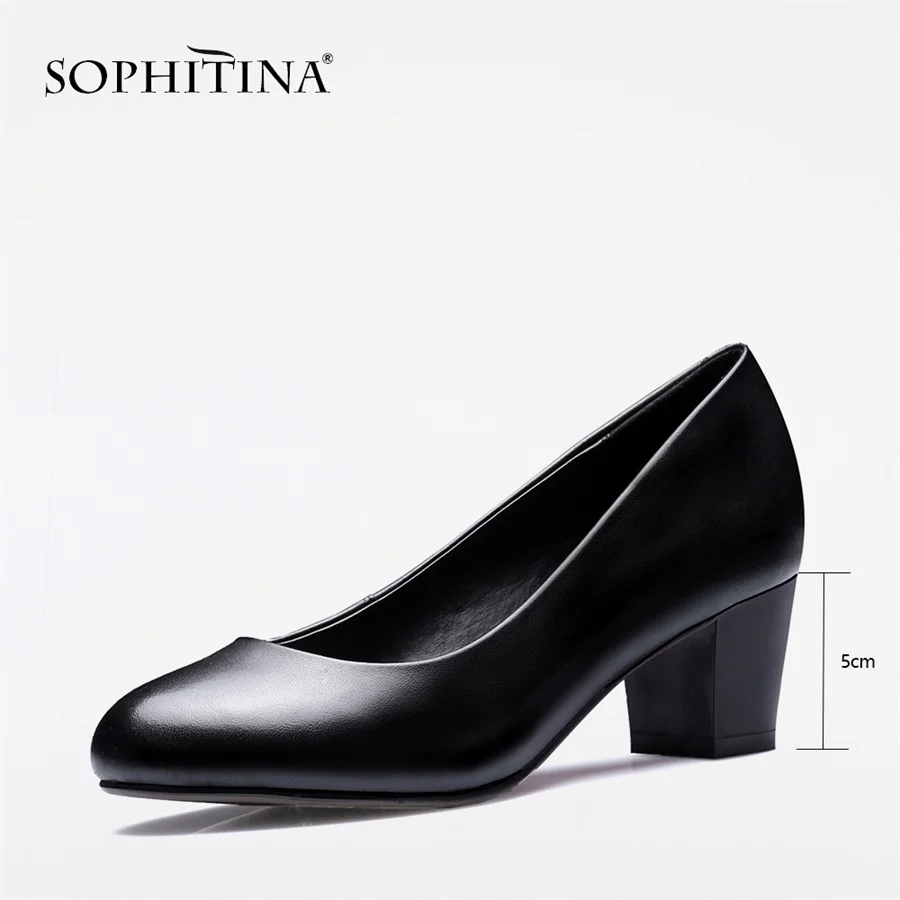 SOPHITINA/женские слипоны высокого качества с круглым носком, обувь в деловом стиле, черная бычья кожа, средний каблук, классические туфли-лодочки для деловой женщины, PO74 - Цвет: black 5cm