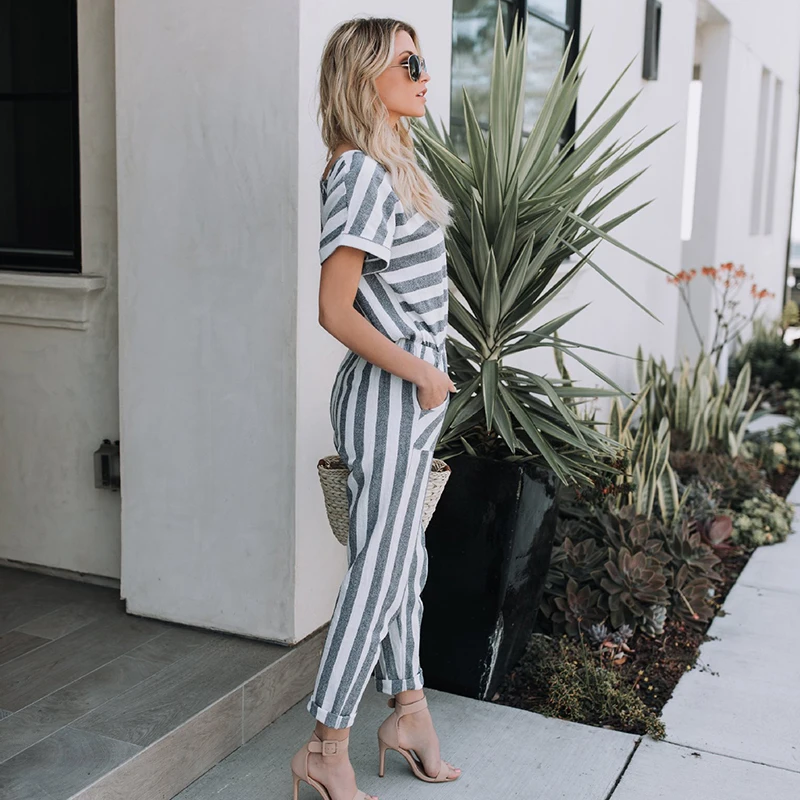 

Striped Printed Rompers Women Jumpsuits Casual Loose Jumpsuit With Pocket Nice Vogue New High Waist Playsuits Overalls Feminino