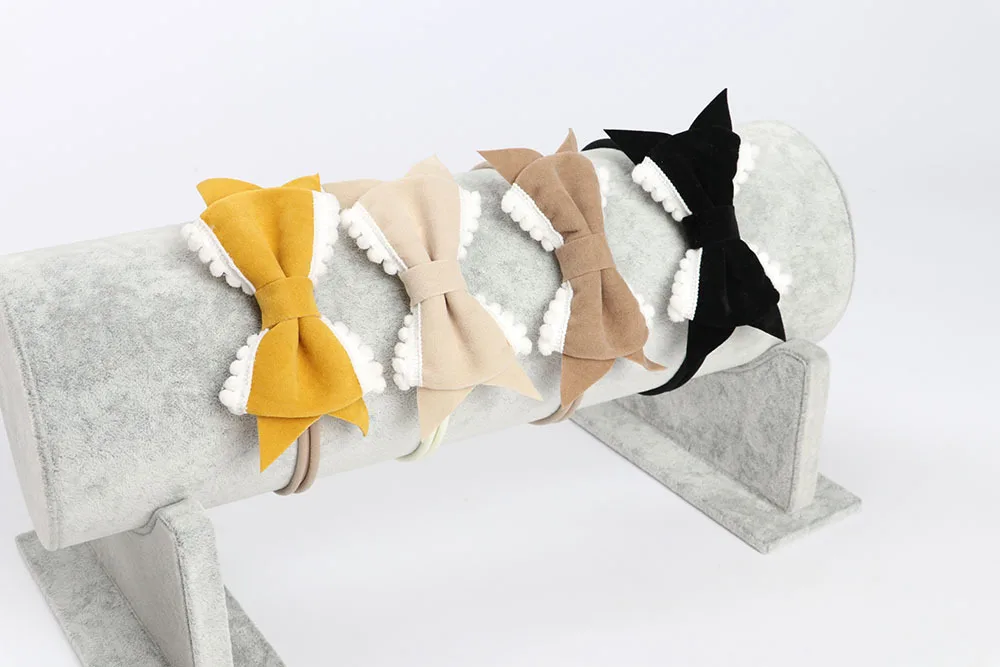 

A-STYLE PomPom Trim Velvet Bow Headband Fabric Bows With Nylon Headband Nylon Elastic Headband Girls Hair Accessories 36pcs/lot