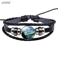 van gogh leather bracelet starry night glass cabochon bracelet art jewelry vintage black rope chain leather bracelet accessories