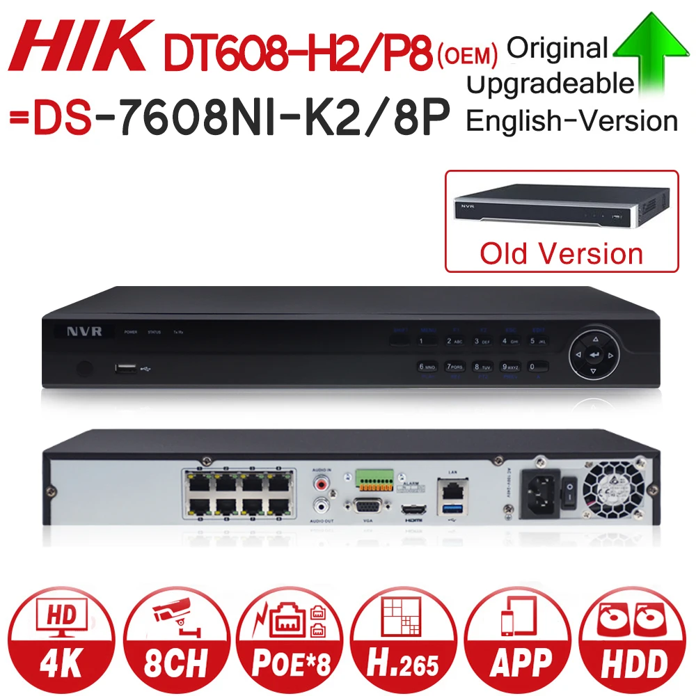 Hikvision OEM 4 K 8POE системы видеонаблюдения Комплекты NVR DT608 H2/P8 (OEM DS 7608NI K2/8 P) шт камера