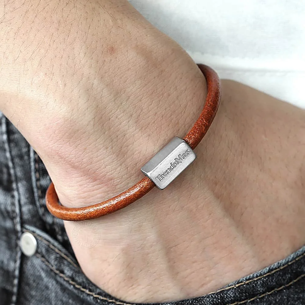 Custom logo Name Engrave Genuine Leather Bracelet& Bangle Stainless Steel Charm Bracelet for Men Women Jewelry Gift TBLM01