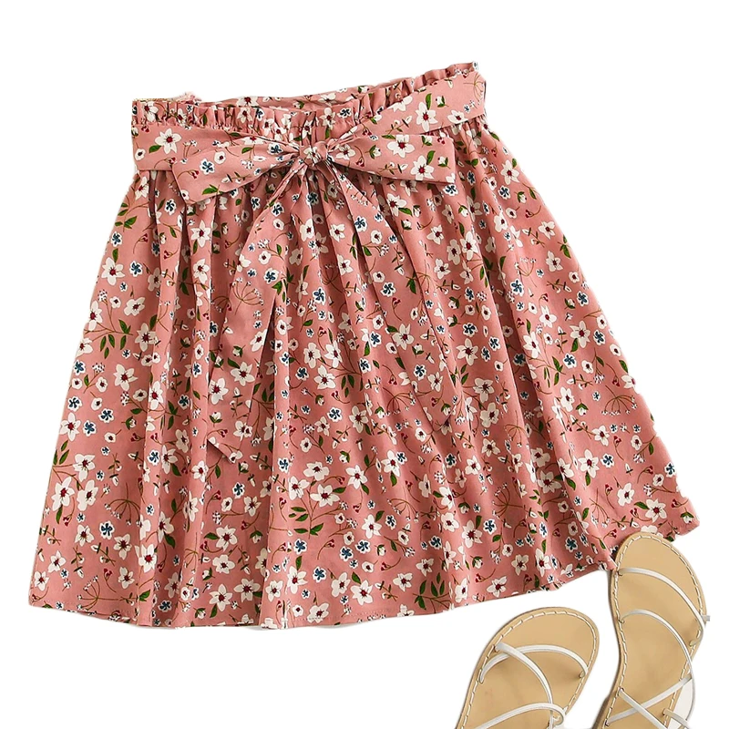 SHEIN, Boho, темно-синяя, с цветочным принтом, с поясом, расклешенная юбка, женская, летняя,, повседневная, плиссированная, Мини юбка