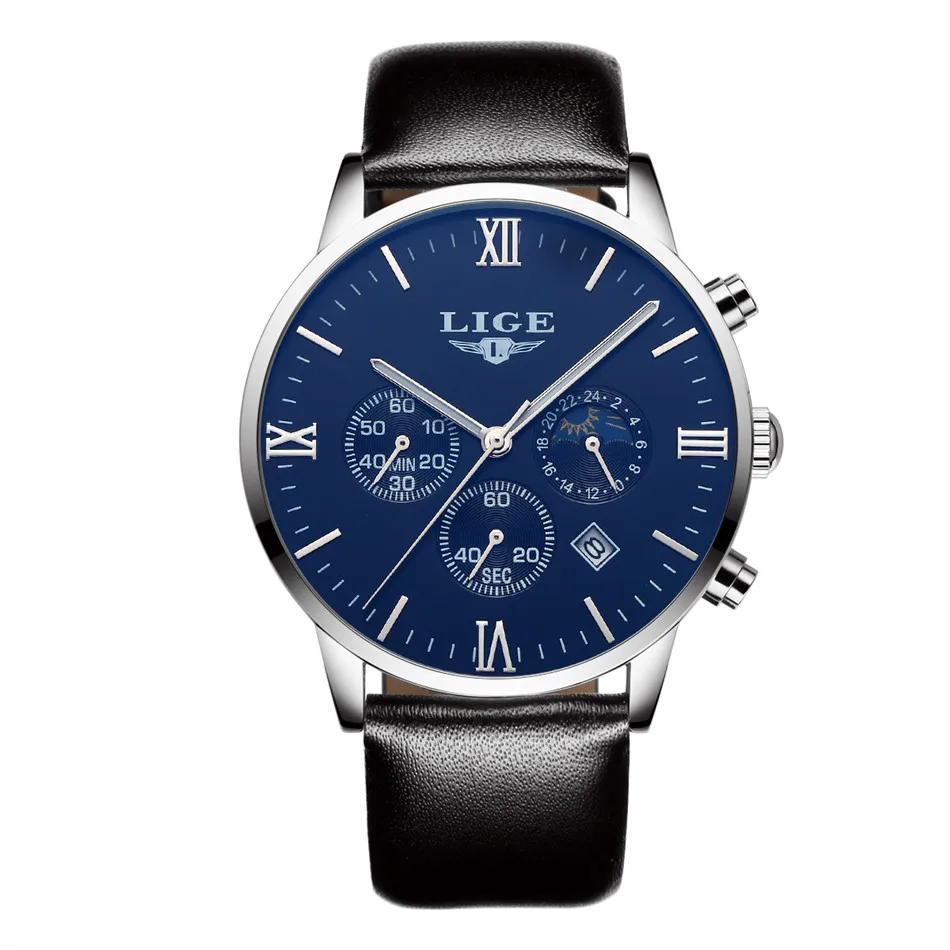 silver black Модные мужские часы LIGE от ведущего бренда, Роскошные мужские часы в Военном Стиле, спортивные часы с хронографом, наручные часы, мужские кварцевые часы - Цвет: silver black