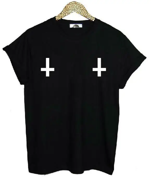

New Arrival Women Tshirt Chest Cross Print Cotton Casual Funny Shirt For Lady Black White Top Tee Hipster ZT203-83