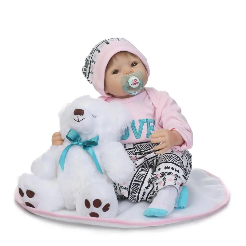 

NPK Dolls Bebes reborn 22"55cm silicone reborn baby dolls for girls with white bear pacifier bottle bonecas reborn