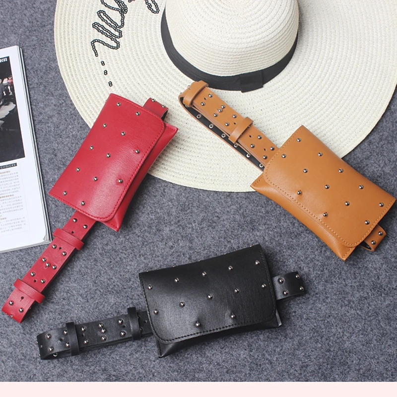 Mihaivina new brand women leather waist bag fashion small belt handbag with revit phone bags | Багаж и сумки