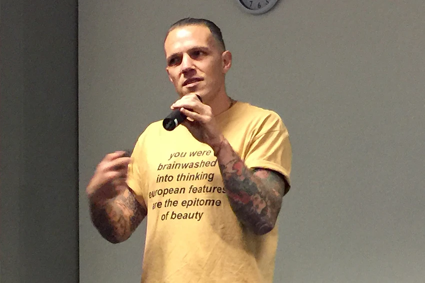 Funny Graphic T-Shirt: Yellow Tee with Brainwashed Ideas of European Beauty image 4