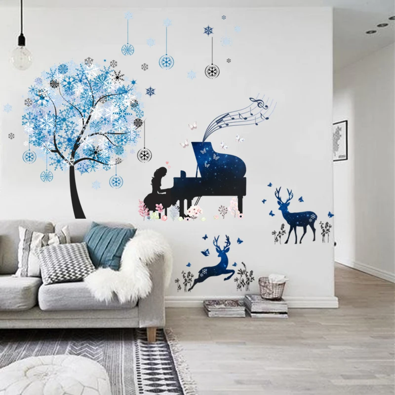 

cartoon girl playing the piano dandelion deer butterfly wall decals for kids rooms pvc wall stickers flower fairy mural art