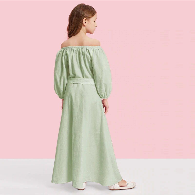 SHEIN/повседневное платье макси для девочек с открытыми плечами, пуговицами и поясом спереди; коллекция года; Летние Детские платья с длинными рукавами