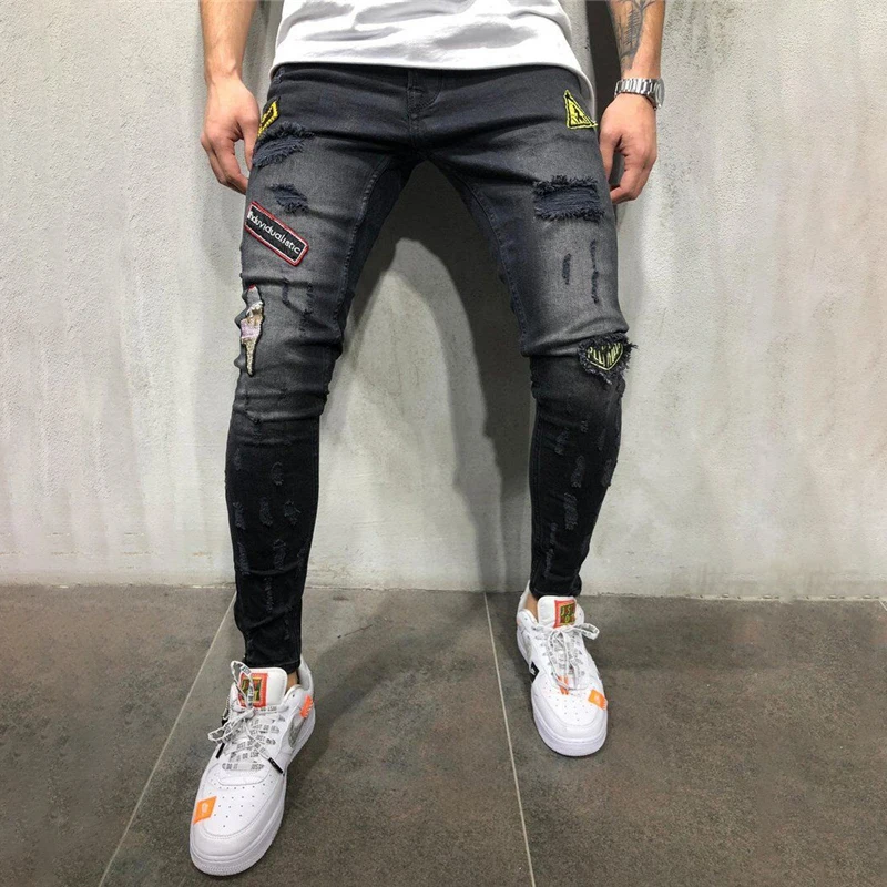 2019 мужские джинсы с вышивкой серые хип-хоп облегающие | Мужская одежда