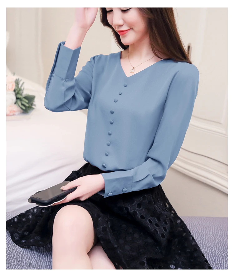 Женская блузка blusas mujer de moda, корейская v-образным блузки модная одежда, шифоновая блузка на пуговицах, однотонные белые с вырезом 2308 50 - Цвет: Синий