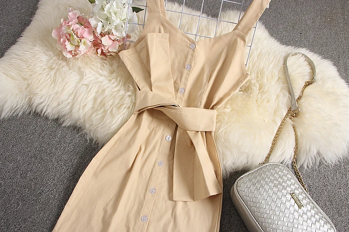 Женское Хлопковое платье ALPHALMODA без рукавов с бантом и поясом однобортное