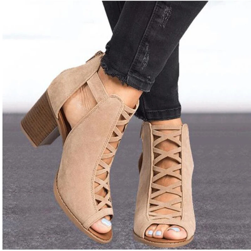 HEE GRAND Sandals Women Thick Heel Pumps 2019 Sexy Style Peep Toe Heels Flock Leather Spring Shoes Zipper WXG564 | Обувь
