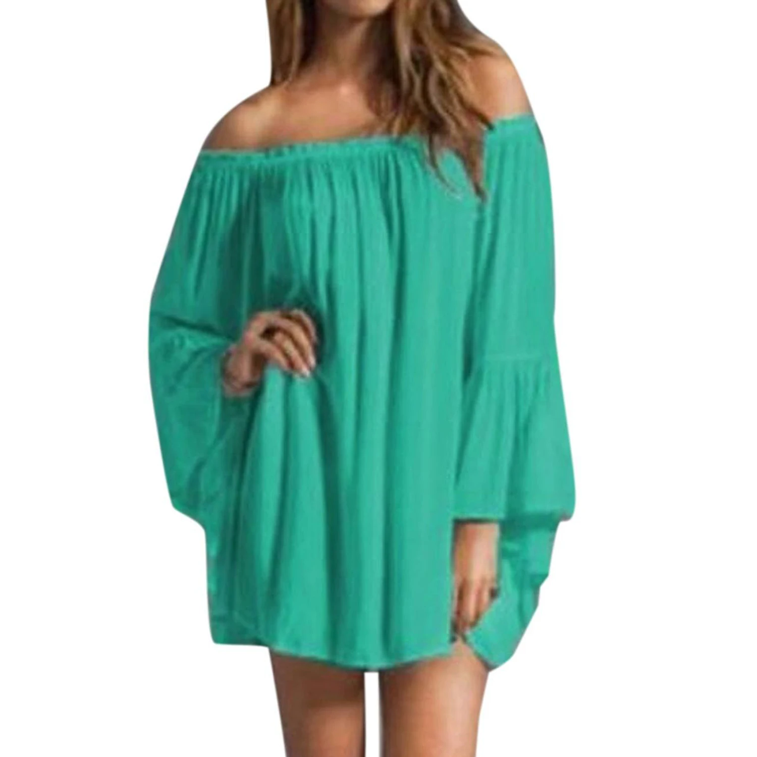 S-3XL 4 Color 2016 Summer Women Sexy Off Shoulder Slach Neck Chiffon Pleated Long Sleeve Loose Mini Short Dress Vestidos | Женская