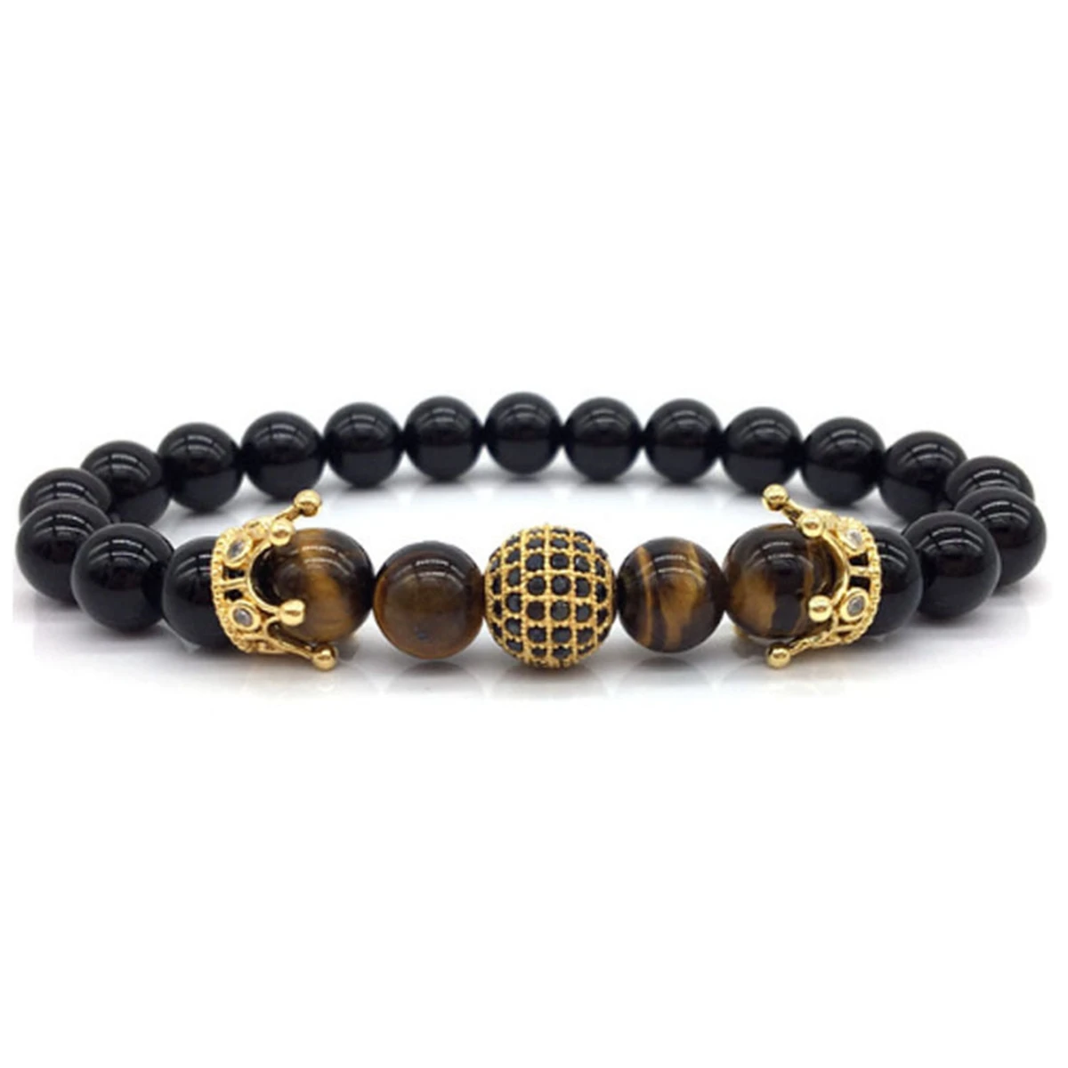 Горячая мода очаровательный мужской браслет Pave CZ King Crown & ball черный камень лавы из