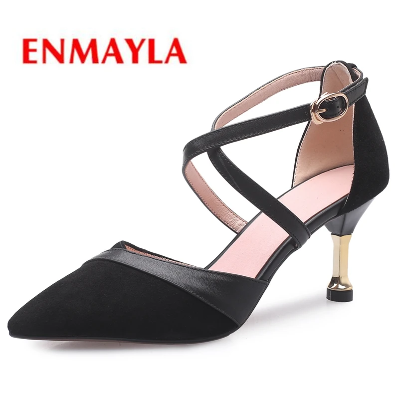 

ENMAYER 2019 New Arrival Pumps Women Kid Suede Pointed Toe Casual Buckle Strap Women Shoes High Heel Size 34-39 LY1131