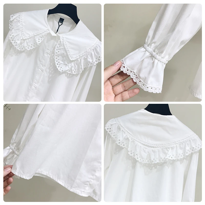 Sweet Doll Lace Collar Blouses Women Cute Loose Shirt Tops Long Sleeve Cotton White Shirts Selvedge Embroidery Lace stitching