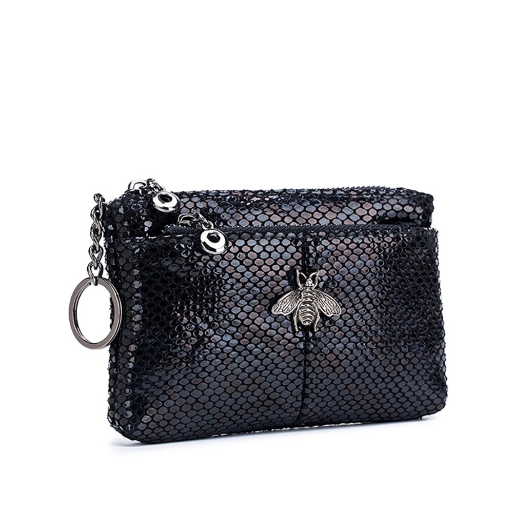 Snake Skin Pattern Metal Bee Accessory Zipper Coin Change Bag 2020 New Fashion Genuine Leather Multi-layer Soft for Ladies | Багаж и сумки