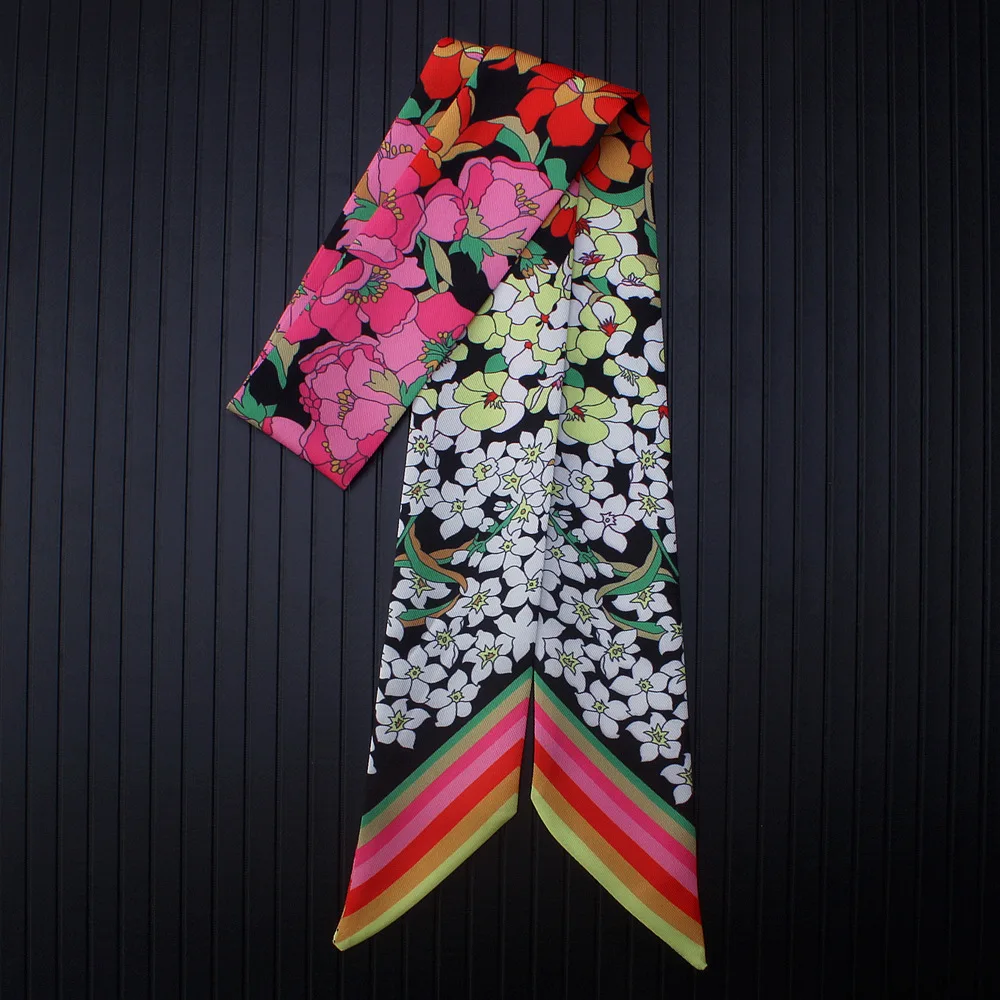 

Fashion Euro Small Flower Print Twill Silk Scarf For Women Striped Headband Handle Bag Ribbon Luxury Brand Summer Small Scarves