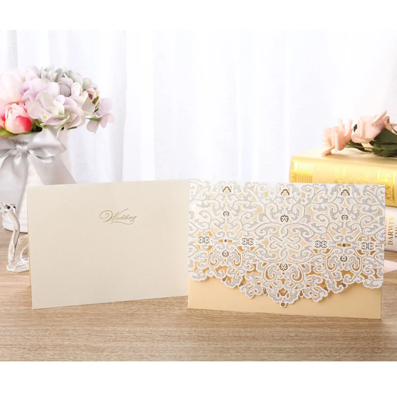 

25pcs Gold Laser Cut Flora Wedding Invitations Card Elegant Greeting Card Lace Mariage Envelopes Wedding Party Favor Decoration