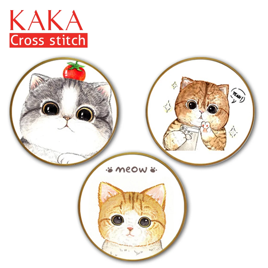 

KAKA Cross stitch kits,5D Three cats Animals,Embroidery needlework sets with printed pattern,11CT canvas,Home Decor Painting