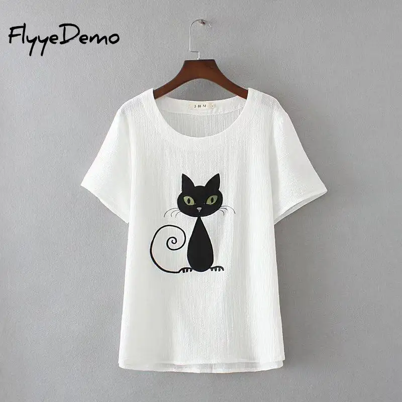 Kawaii Cat Appliques супер большая футболка для женщин Harajuku топы 2020 летняя с коротким