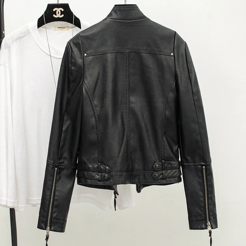 Женская мотоциклетная куртка с длинными рукавами тонкая короткая черная кожаная