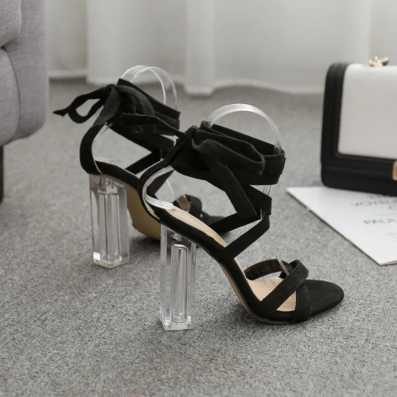 

Woman Clear Transparent Summer Party Shoes Ankle Strap Lace Up Bandage Fashion Women Open Toe High Heels Shoes